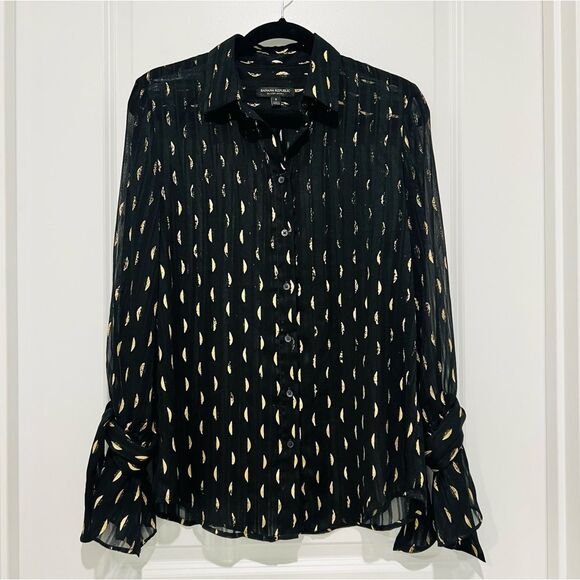 Banana Republic Women's Black Dillon Shirt Metallic Print Tie Cuffs Size Small - Picture 2 of 10